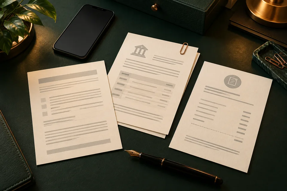 Teléfono y documentos separados para revisar una operación